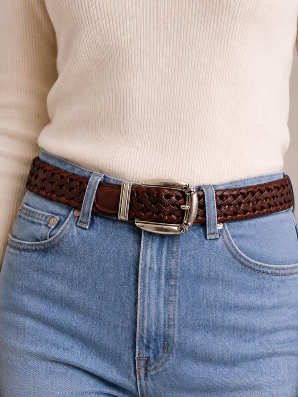 Fossil Brown Braided Leather Western Belt Silver Buckle Small